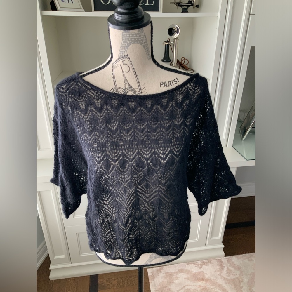 RALPH LAUREN Black Woven Knit Short Sleeve Crochet Top Women’s Size Medium